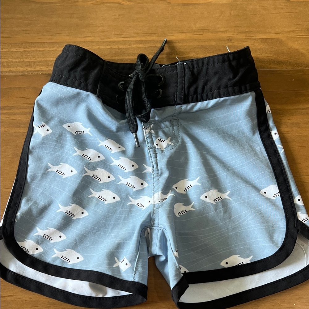 Kids Fish Print Swim Shorts - Black and Blue